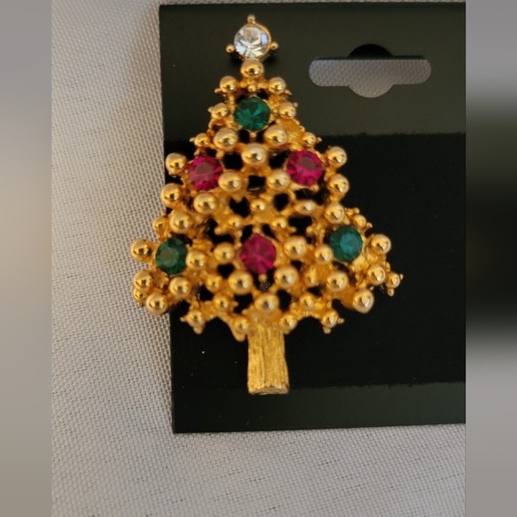 Vintage Womens Goldtone Christmas Brooch/Pin w/Red & Green Rhinestones - Picture 2 of 6